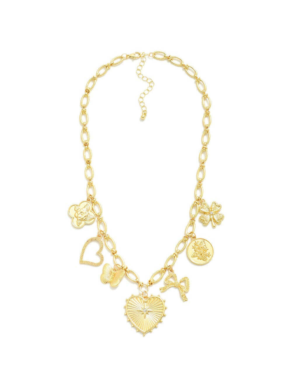 Gold Heart Bow Clover Charm Necklace Dainty Chain